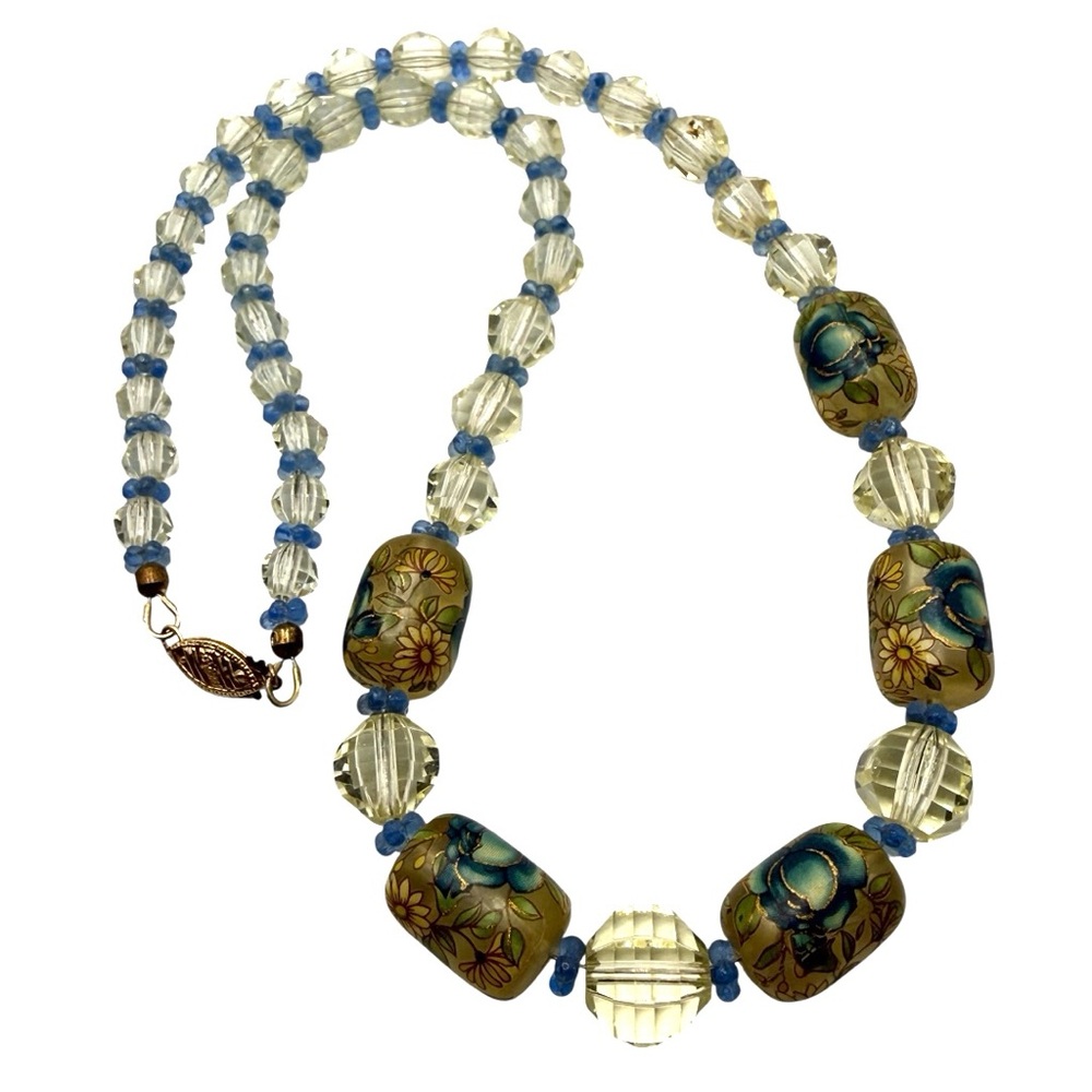 Vintage Hand-Painted Art Glass Necklace w/ 14K Gold Clasp-Length 19”